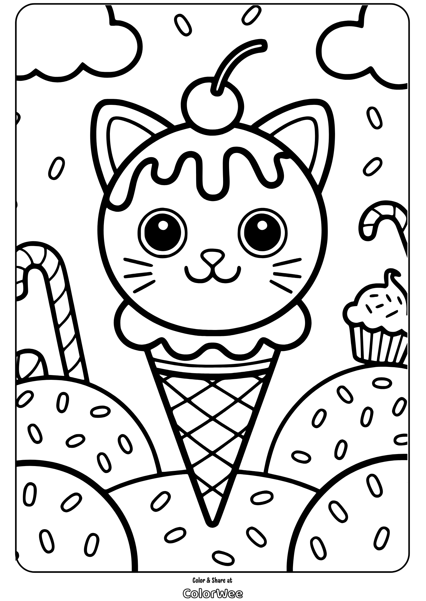 Cat Ice Cream Cute ice cream cat cone coloring page with sprinkles and candy.