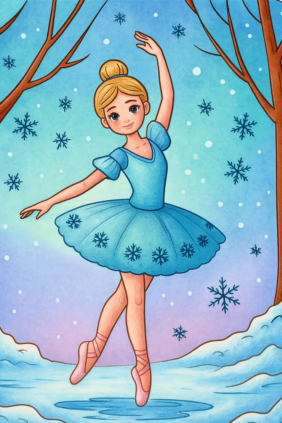 ChatGPT Image 11 Nov 2025 11.00.33 edited Blue ballerina in winter scene for coloring page.