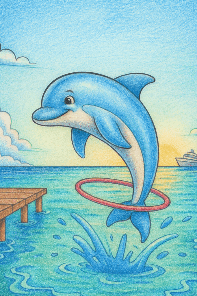 ChatGPT Image 5 Nov 2025 13.24.48 edited 2 Colorful dolphin jumping through a hoop in the ocean coloring page.