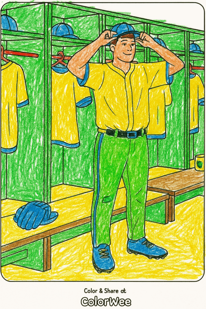 Baseball player in colorful uniform adjusting cap in locker room.