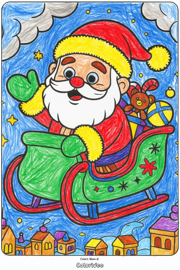 ChatGPT Image Nov 12 2025 10 39 12 AM Santa in sleigh with gifts over town, night sky coloring page.