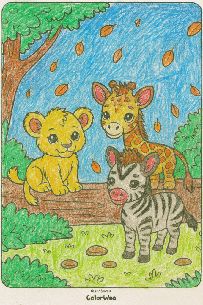 ChatGPT Image Nov 18 2025 05 42 56 PM Cute lion, giraffe, and zebra coloring page in a forest scene.