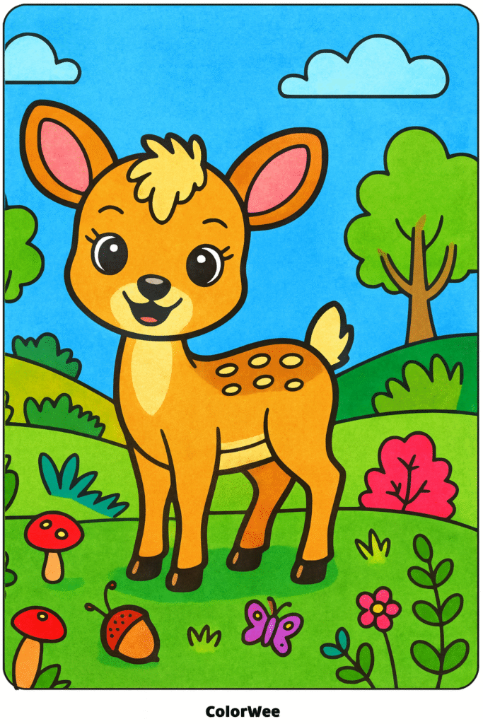 Cute cartoon deer in a colorful forest coloring page.