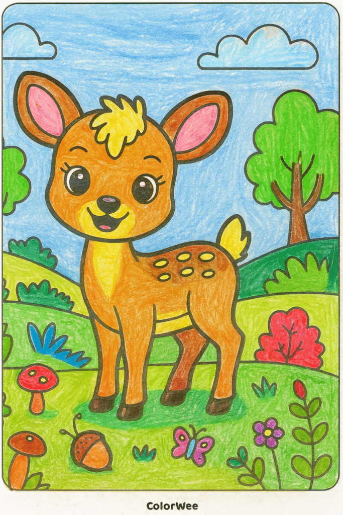 Cute baby deer in a colorful forest coloring page.