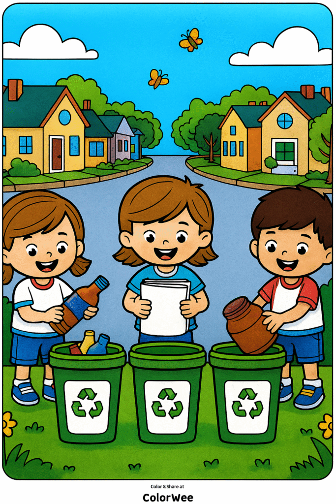 ChatGPT Image Nov 5 2025 09 09 18 PM Kids recycling bottles, paper, and pottery in a scenic neighborhood.
