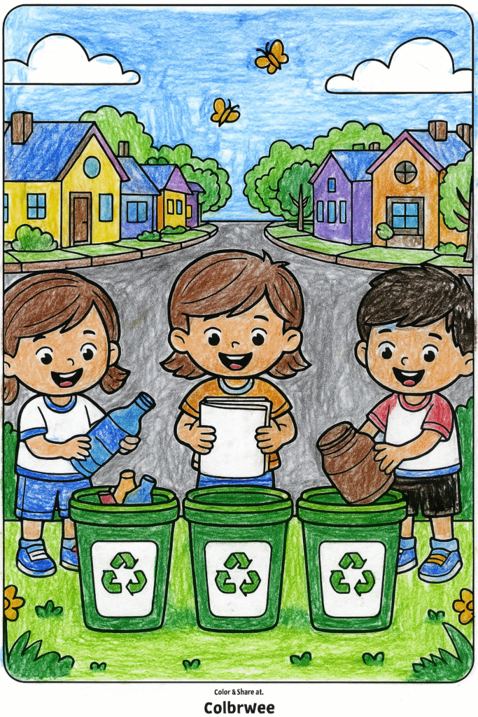 ChatGPT Image Nov 5 2025 09 09 22 PM Children recycling in a neighborhood coloring page.
