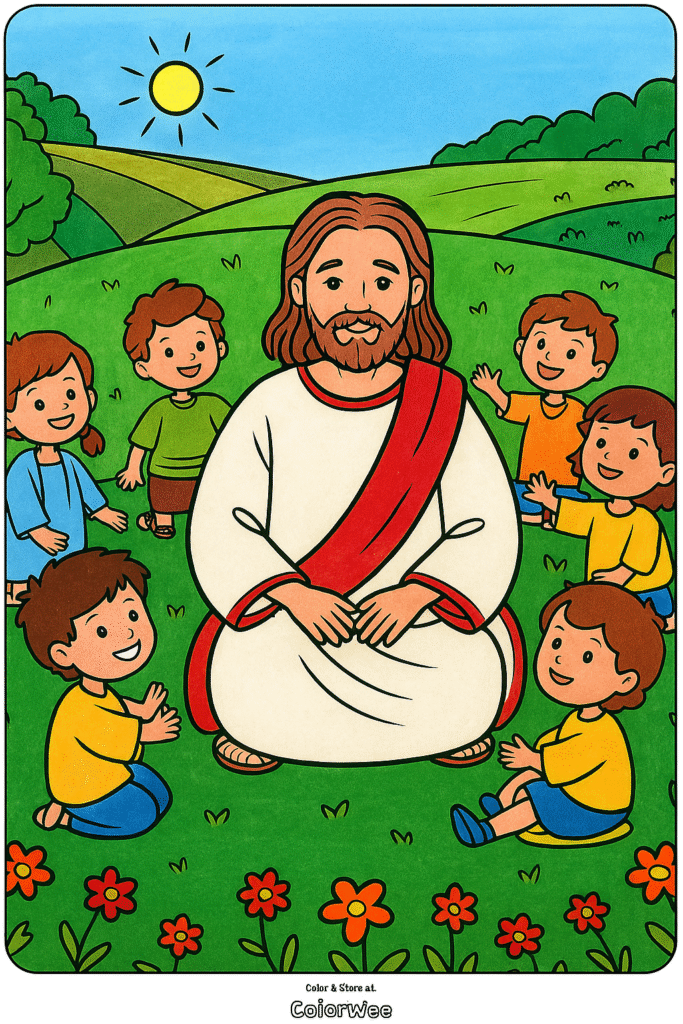 Smiling figure surrounded by happy children in a sunny field.