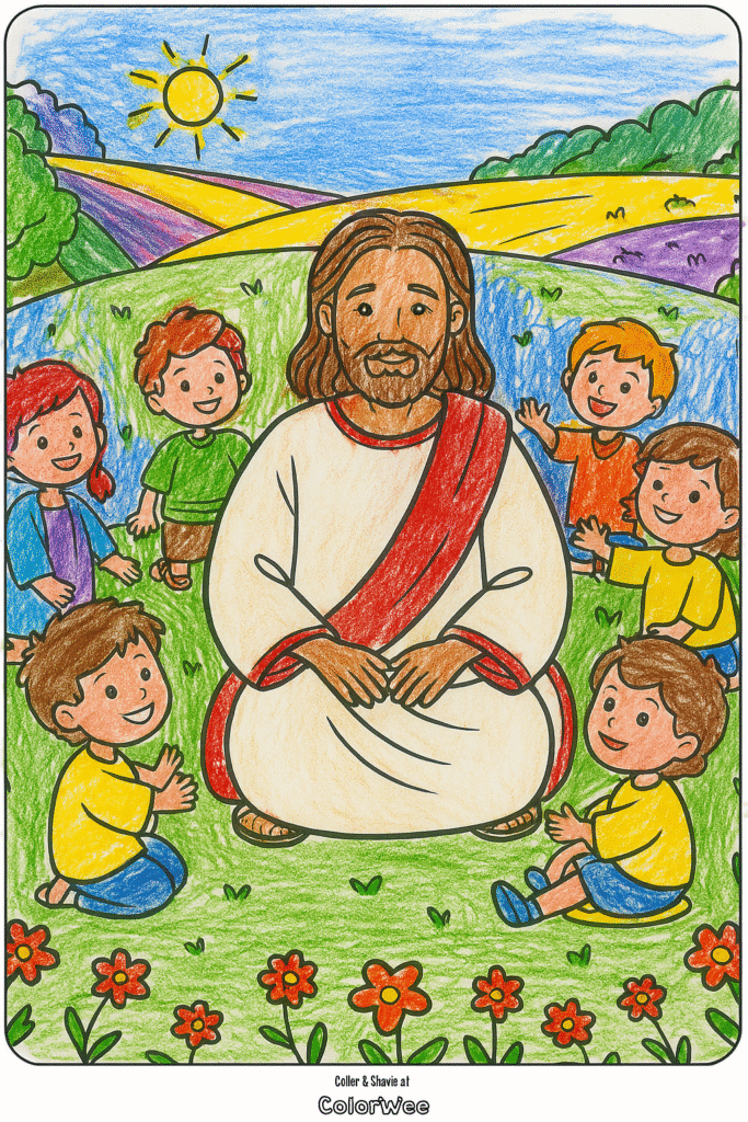 Coloring page: teacher with children in a sunny field scene