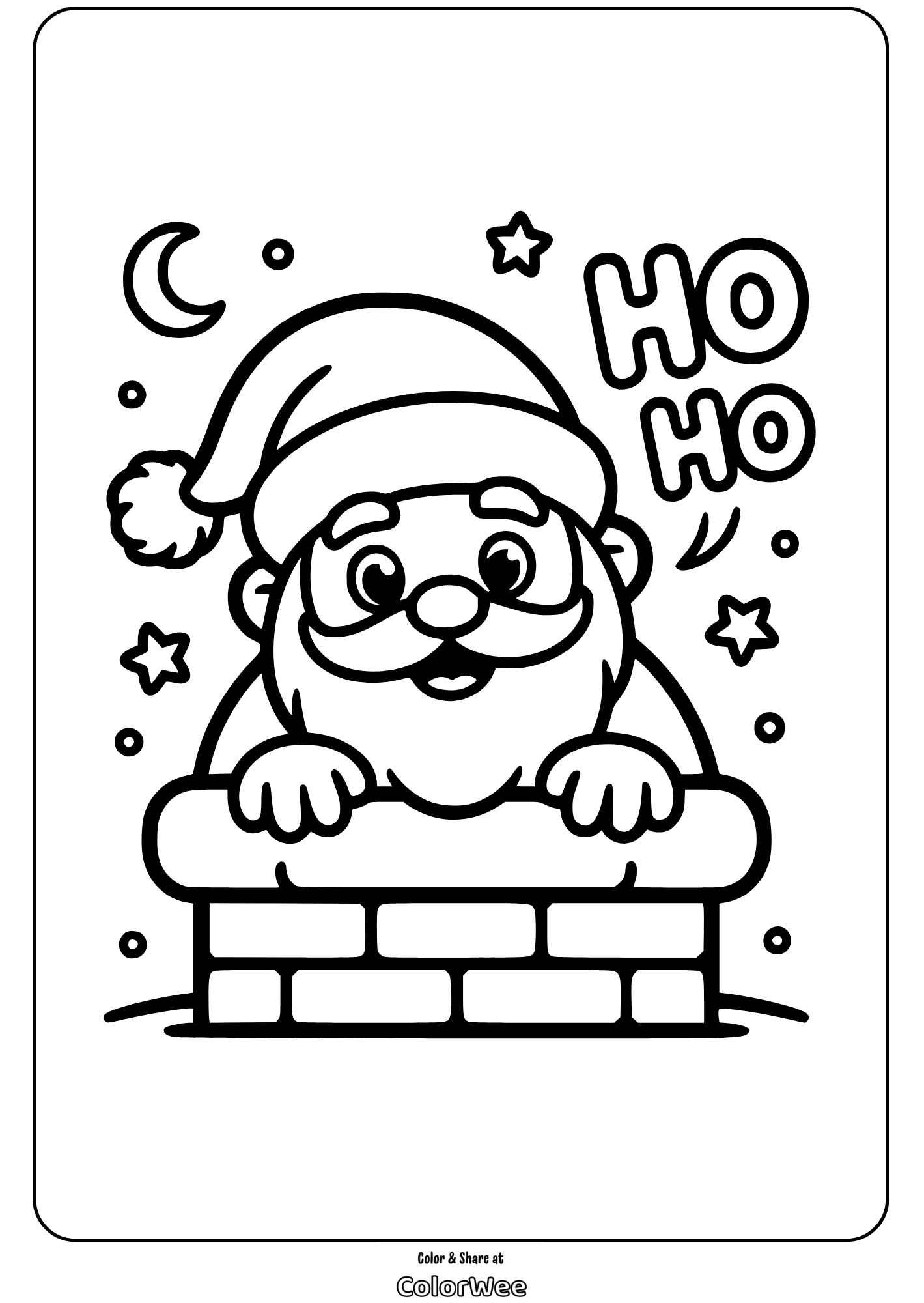 Cute Santa Claus cartoon style 2 Santa Claus in chimney coloring page with stars and Ho Ho Ho text.
