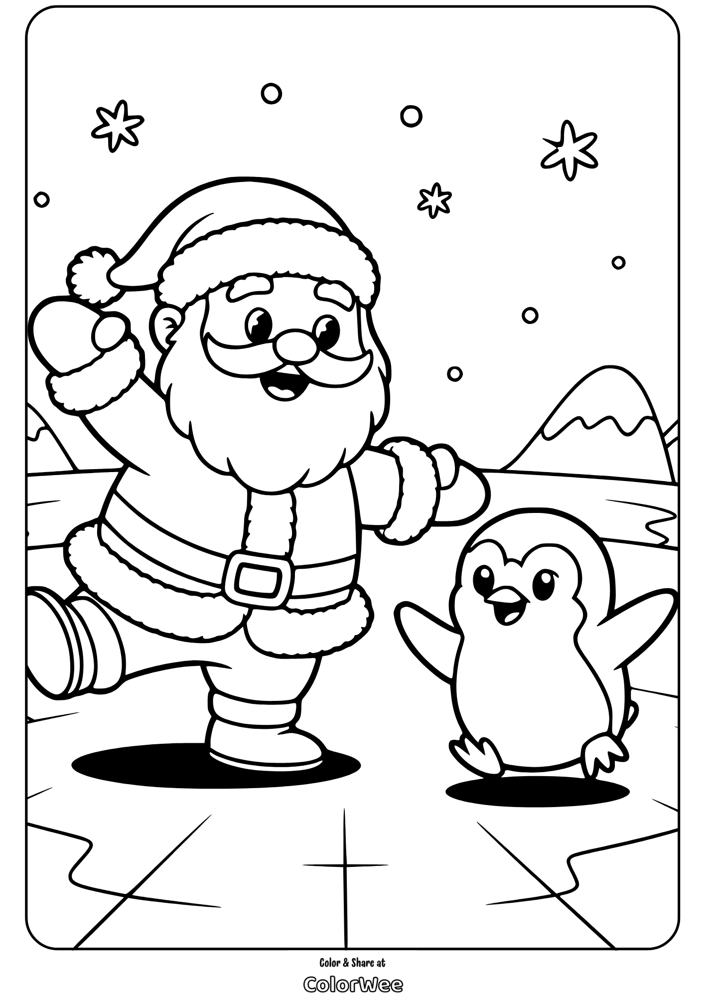 Cute Santa Claus cartoon style 3 Santa and penguin ice skating coloring page.