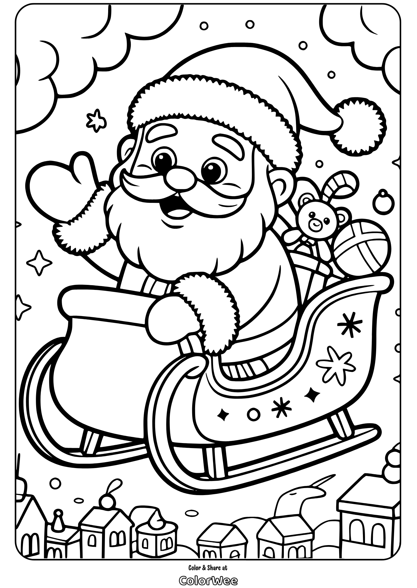 Cute Santa Claus cartoon style 4 Santa in sleigh with toys, waving during snowfall coloring page.