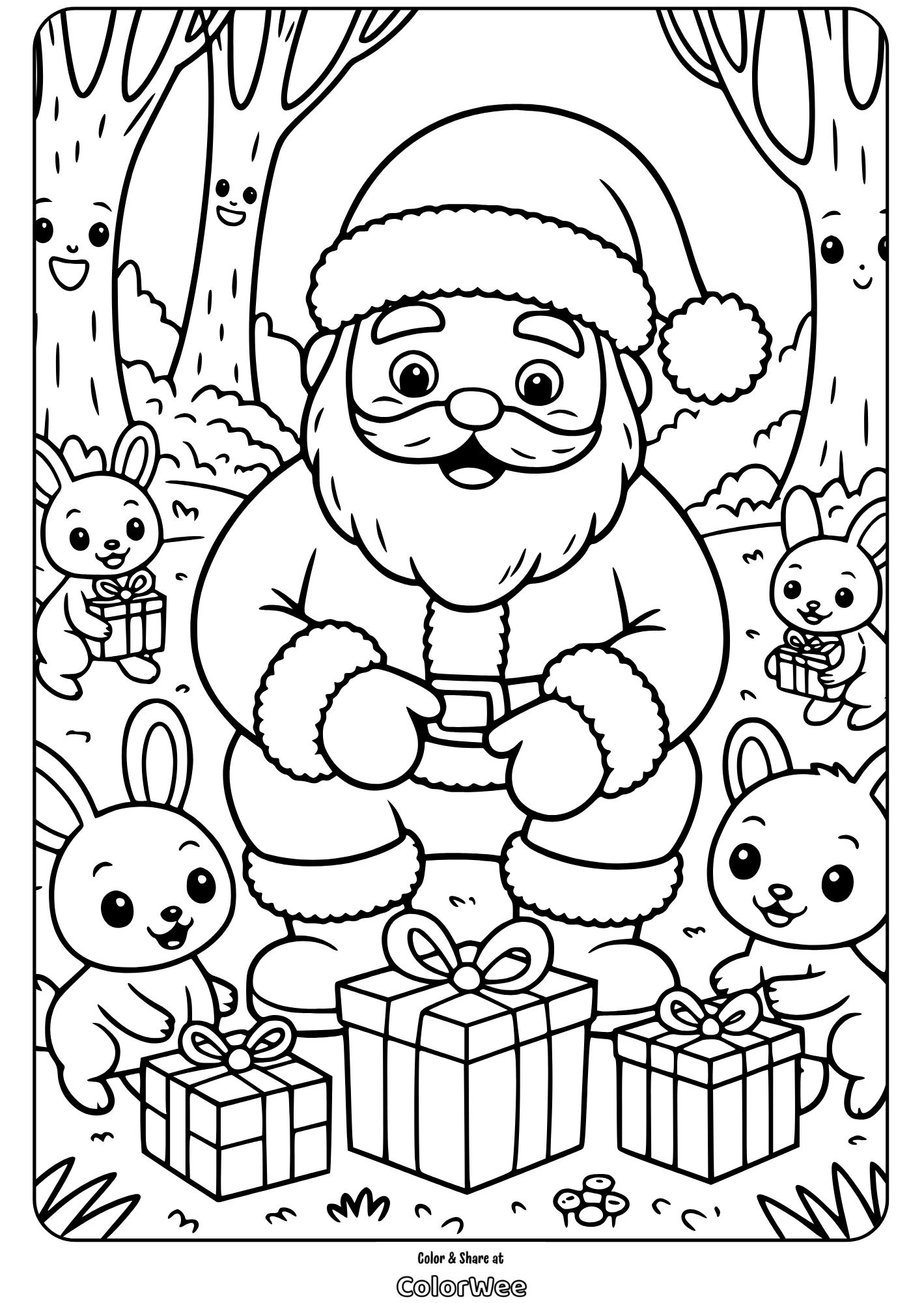 Cute Santa Claus cartoon style 5 Santa with bunnies and gifts in a forest coloring page.