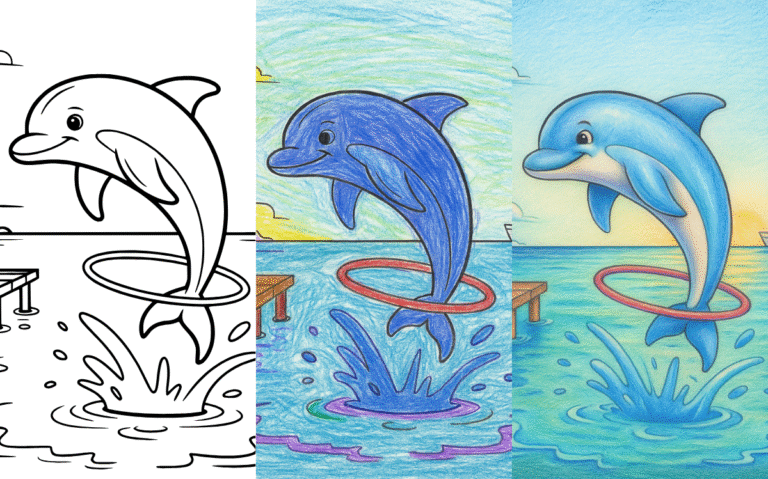 Dolphin Coloring Pages Coloring page of a dolphin jumping through a hoop in the ocean.