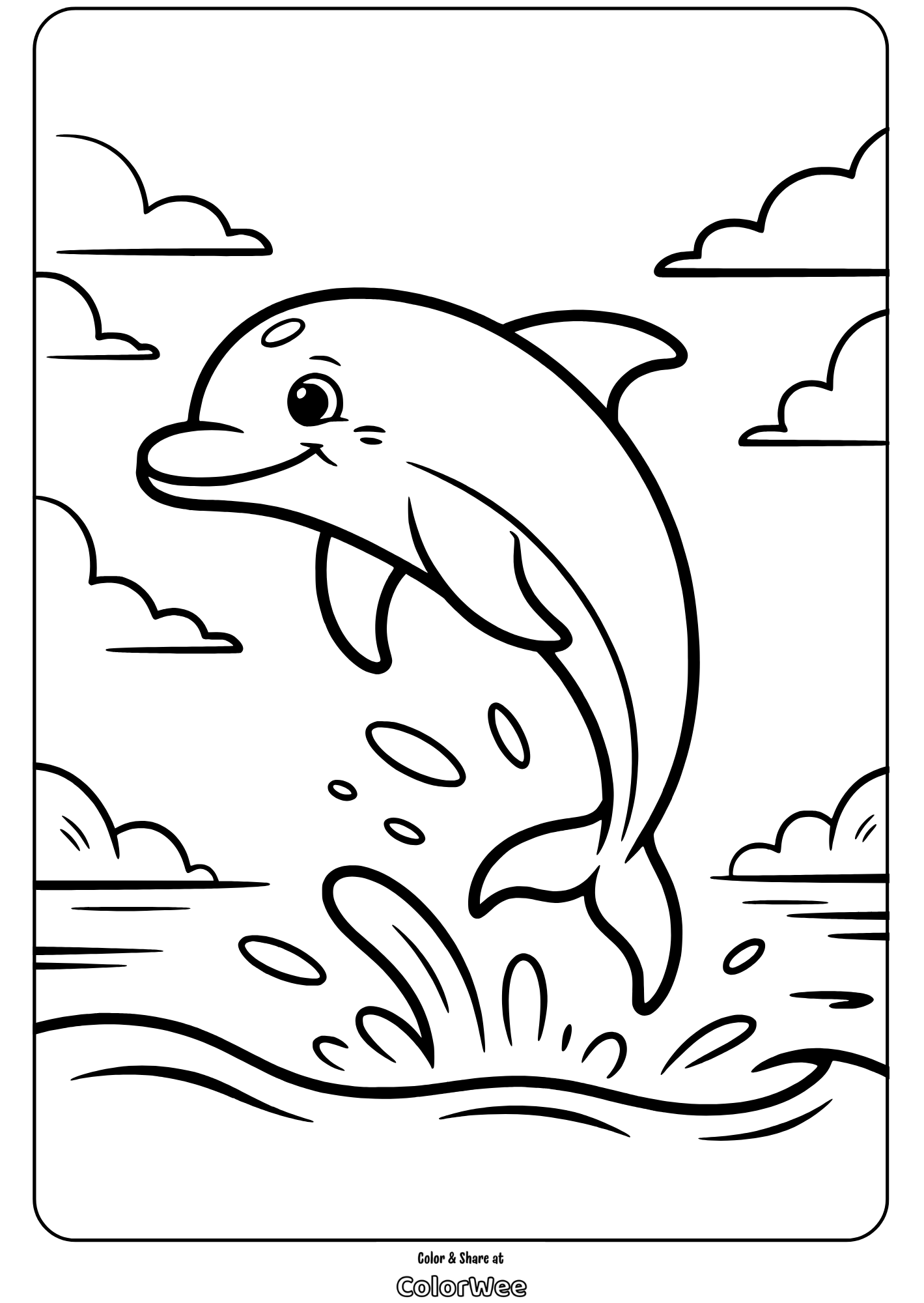 Dolphin Jumping Out of Water splashing in waves Dolphin jumping in ocean, printable coloring page for kids.