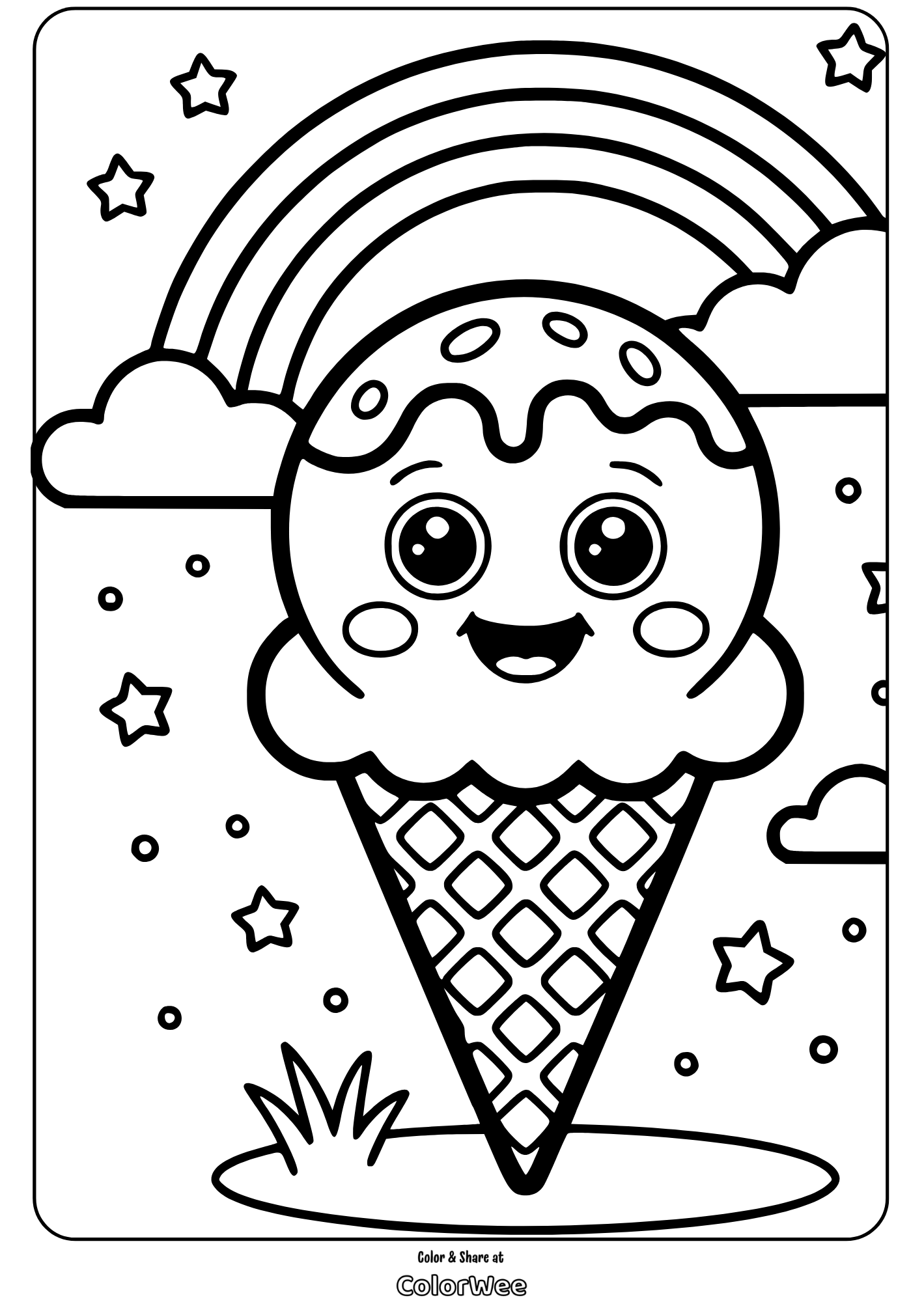 Easy Ice Cream 3 Smiling ice cream cone coloring page with rainbow and stars.
