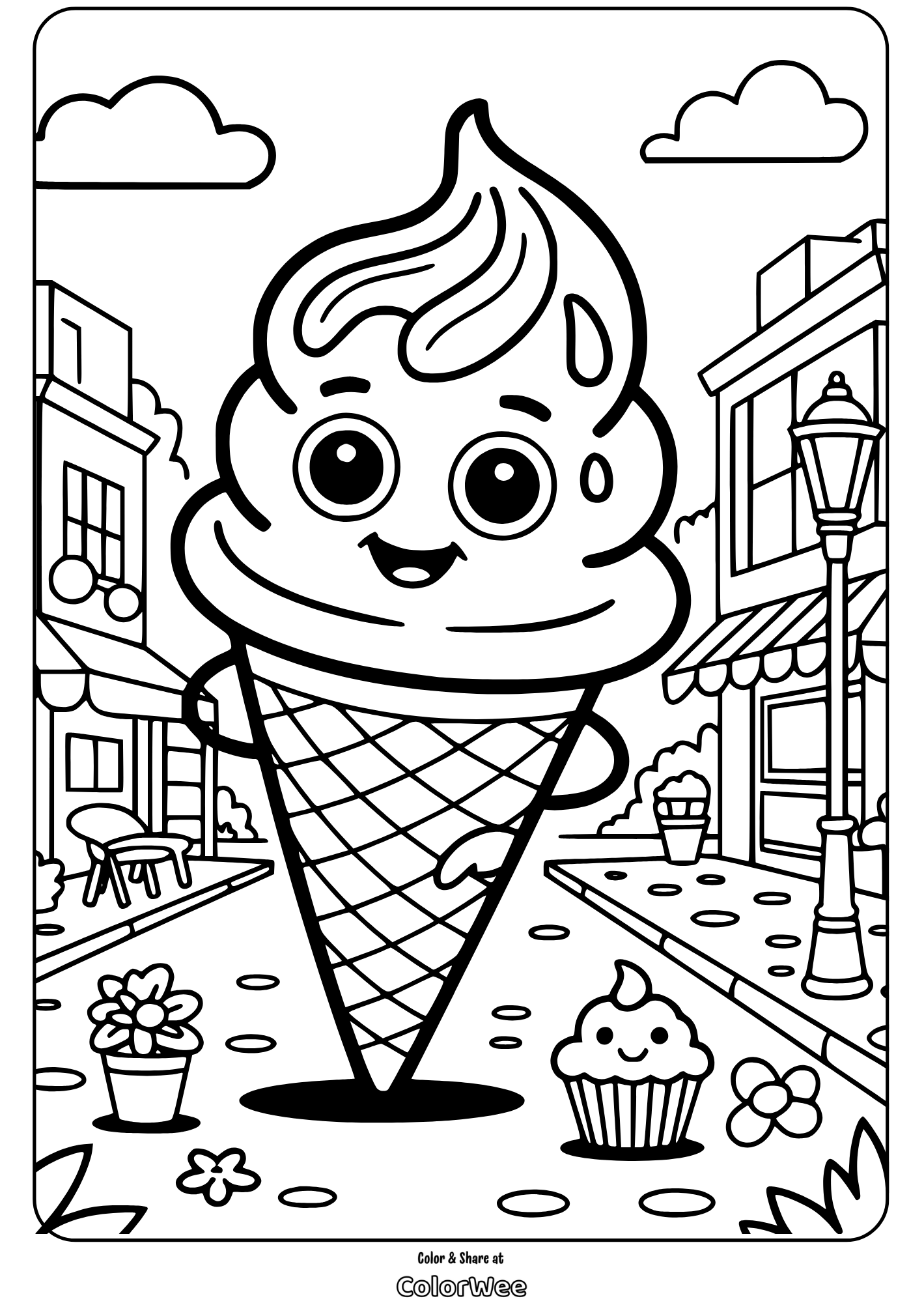 Easy Ice Cream 4 Smiling ice cream cone coloring page with cupcake and city background.