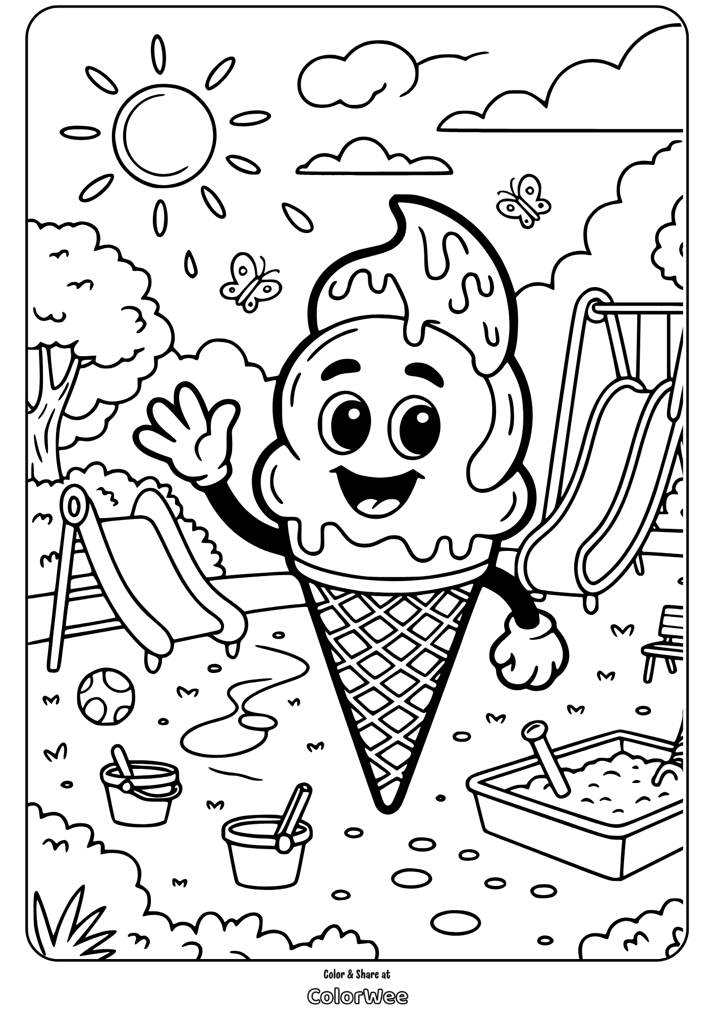 Easy Ice Cream 5 Ice cream cone character in playground coloring page.