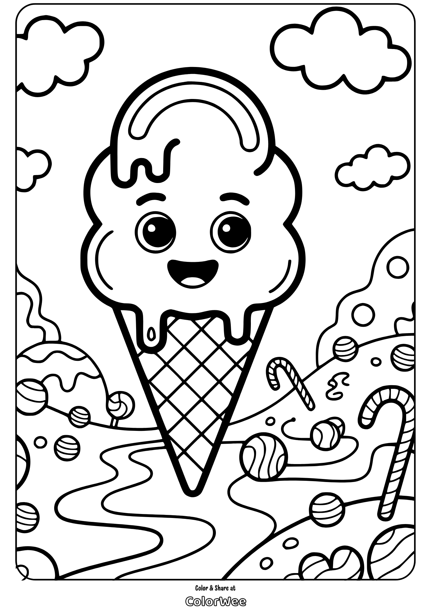 Easy Ice Cream Smiling ice cream cone coloring page with candy landscape.
