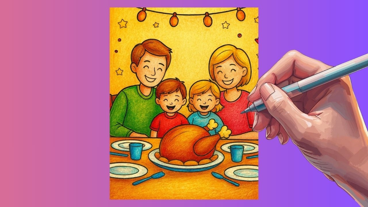 Family dinner coloring page with turkey during Thanksgiving holiday.