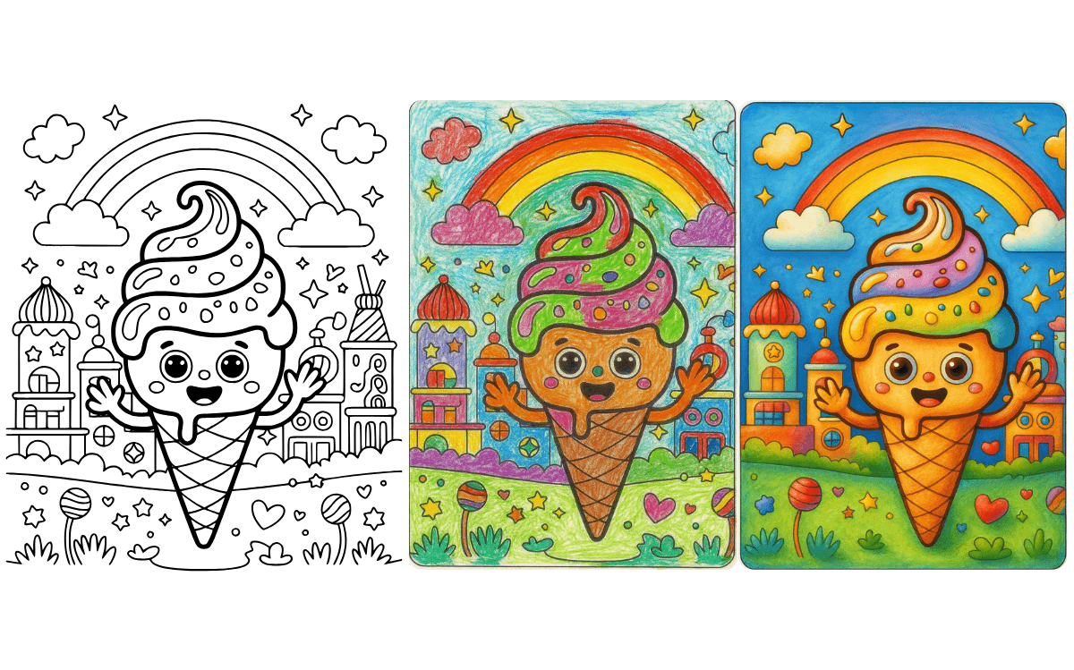 Colorful ice cream cone character with rainbow and buildings.