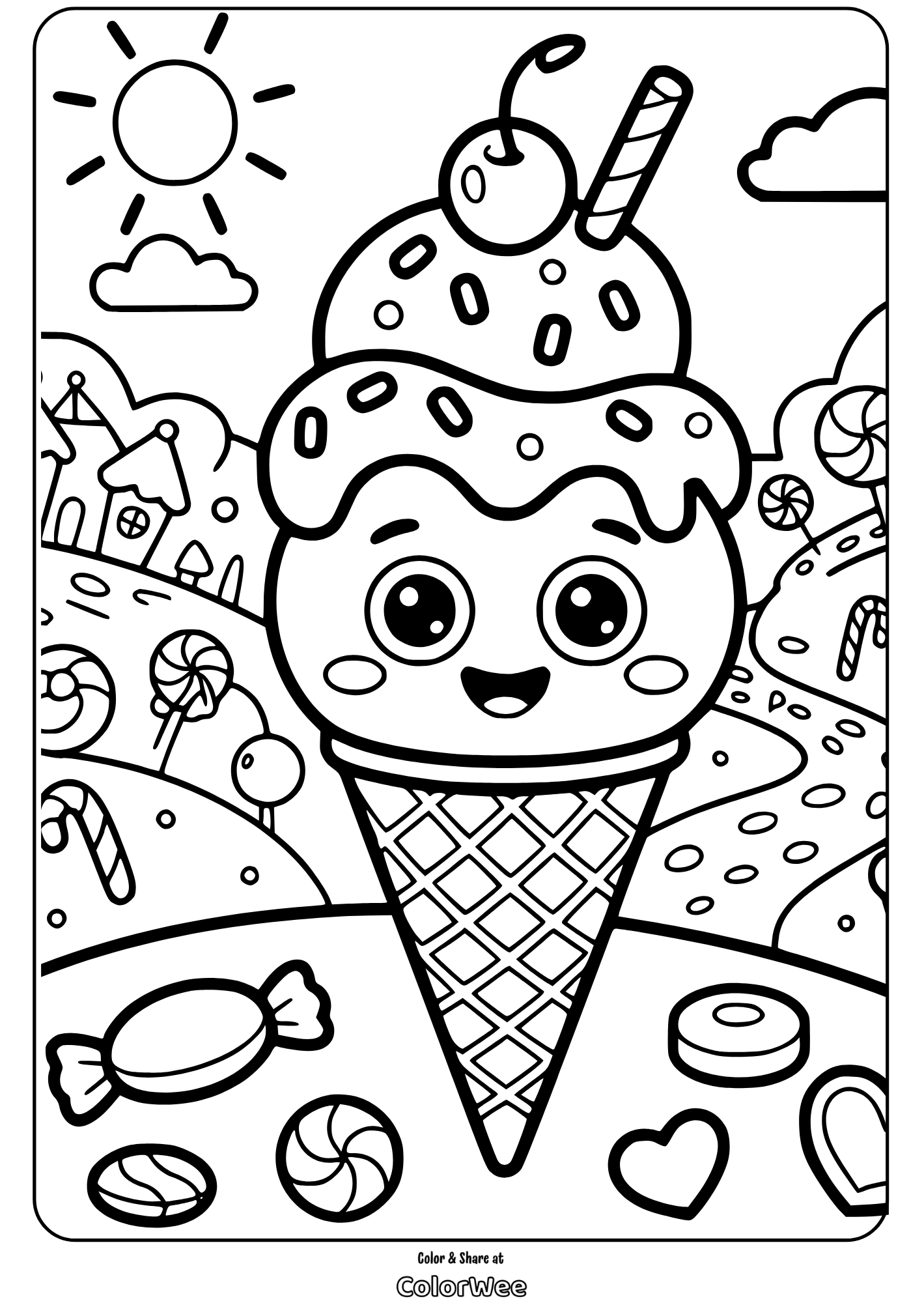 Ice Cream Cone 4 Kawaii ice cream cone in a candy land coloring page.