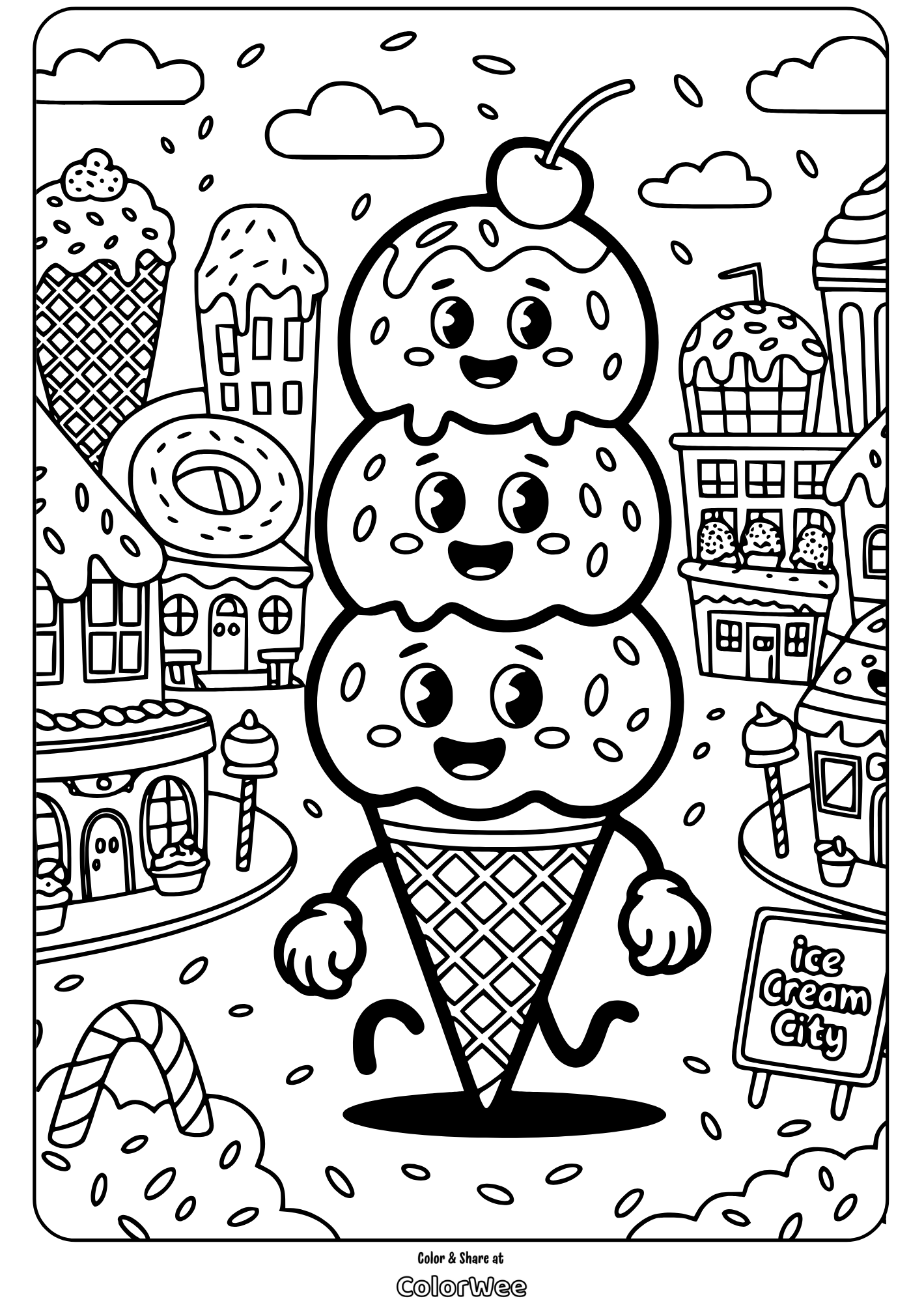Ice Cream Cone 5 Smiling ice cream cone in whimsical dessert city coloring page.