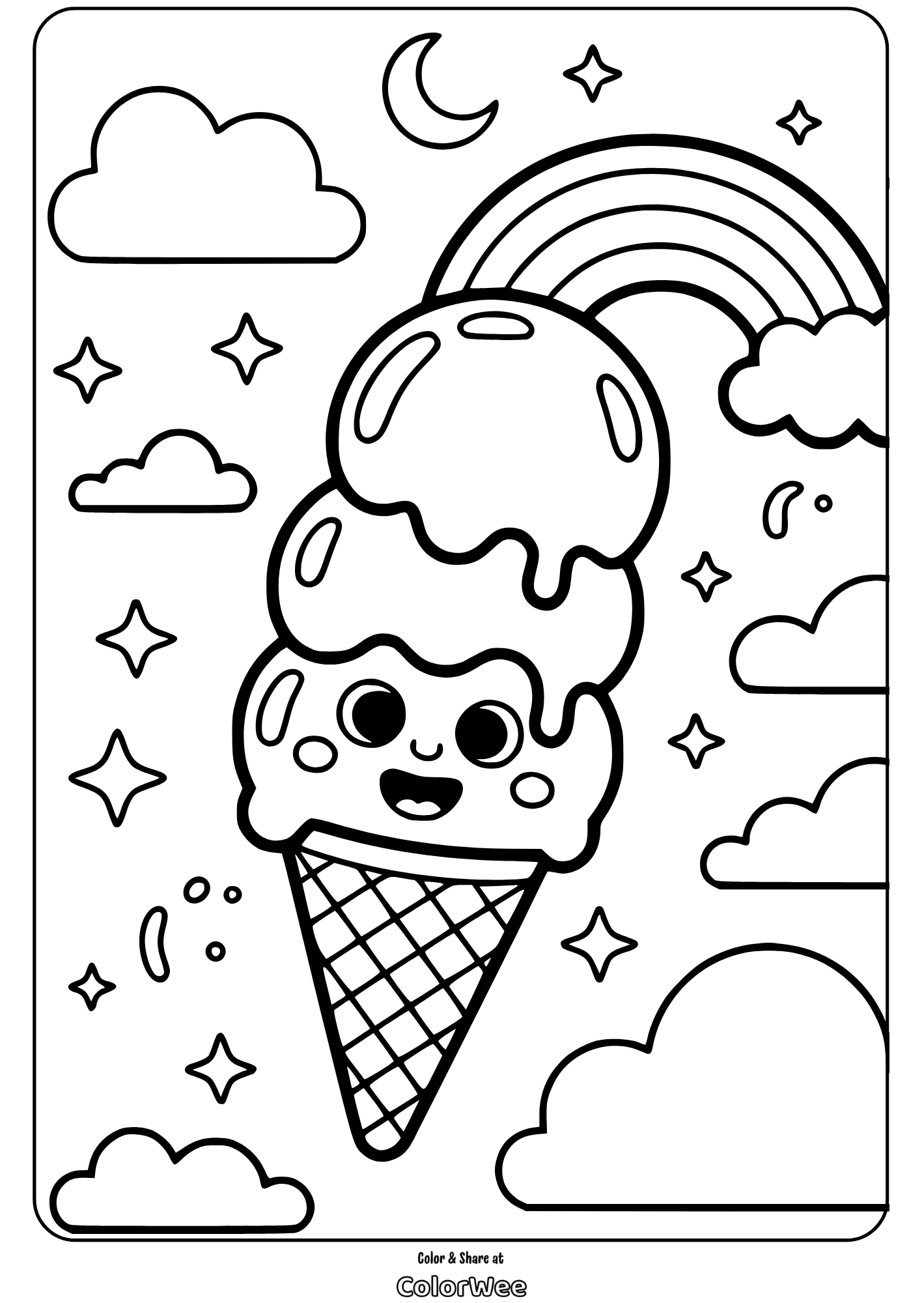 Ice Cream Rainbow Cute ice cream cone coloring page with rainbow and stars.