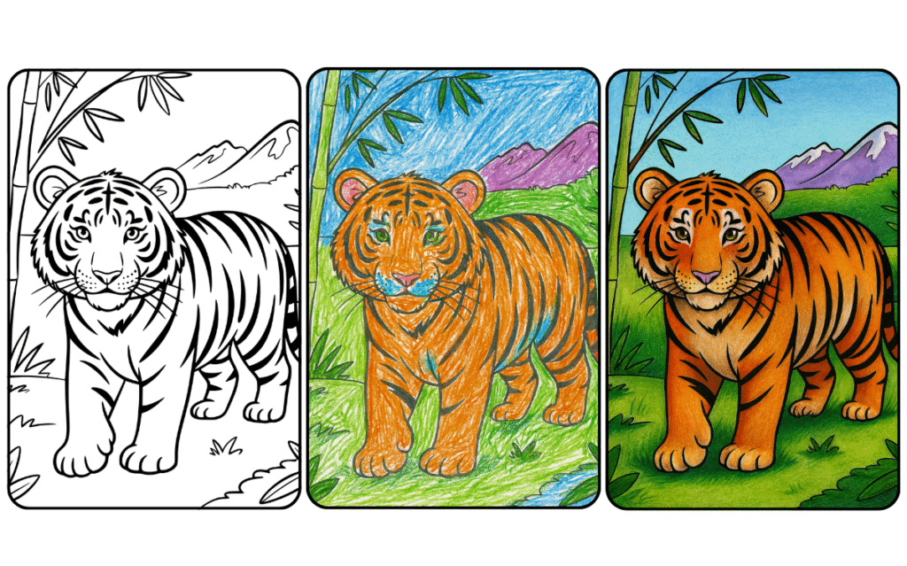 Coloring page of a tiger in three coloring stages