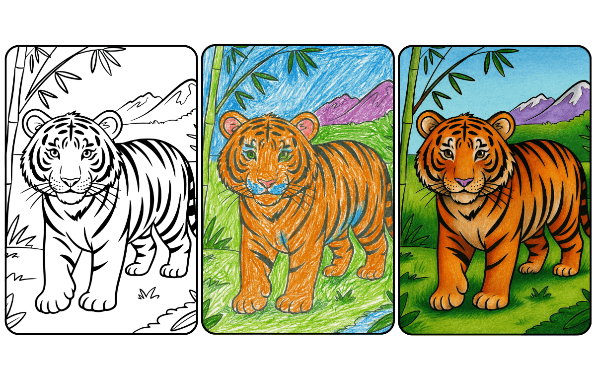 Coloring page of a tiger in three coloring stages