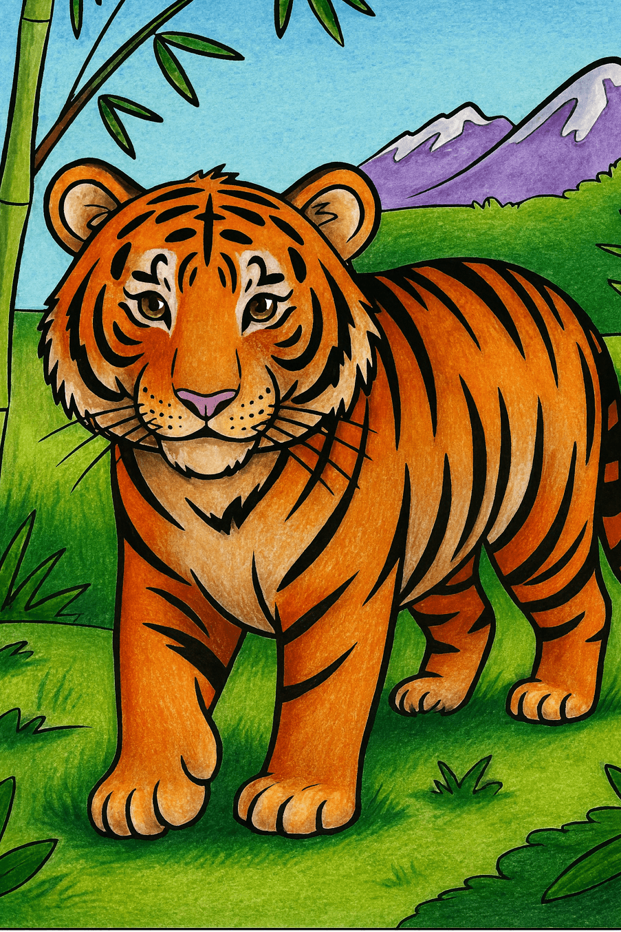 Jungle animals coloring pages 1 edited Coloring page of a tiger in a jungle setting.