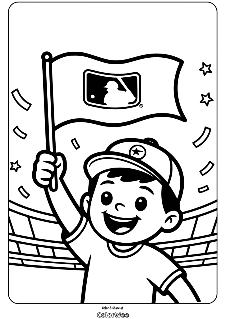Child at baseball game holding flag coloring page