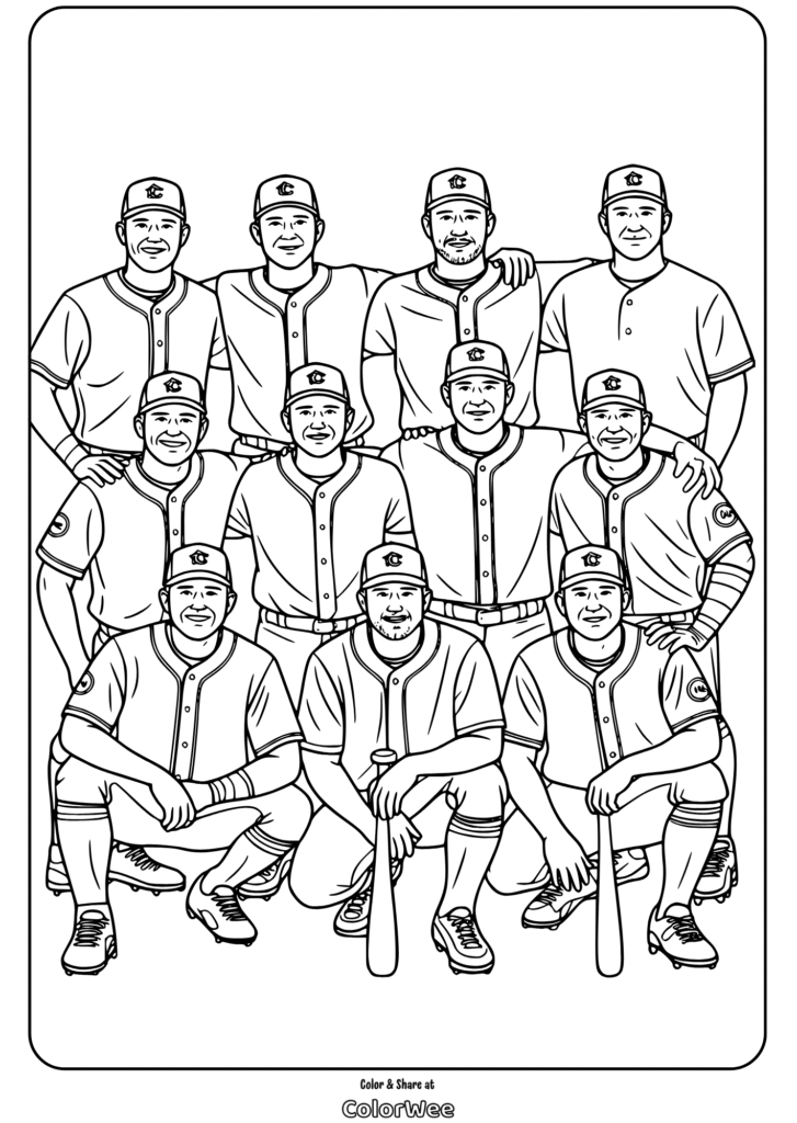 Baseball team coloring page for kids to enjoy and color creatively.