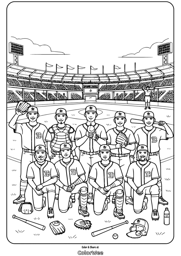 Baseball team posing at stadium coloring page, ColorWee activity sheet.