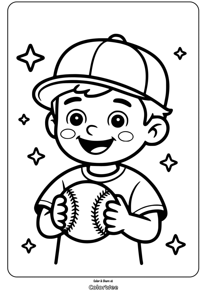 Boy with baseball and stars coloring page.