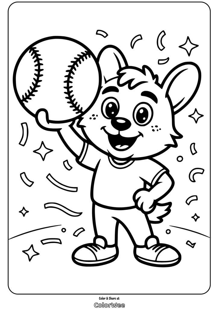 Cute cartoon dog holding a baseball coloring page for kids.