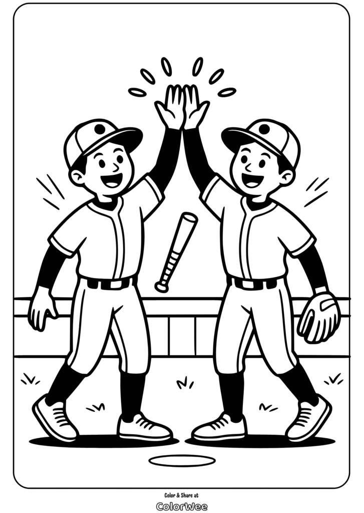 Kids high-fiving in baseball uniforms coloring page
