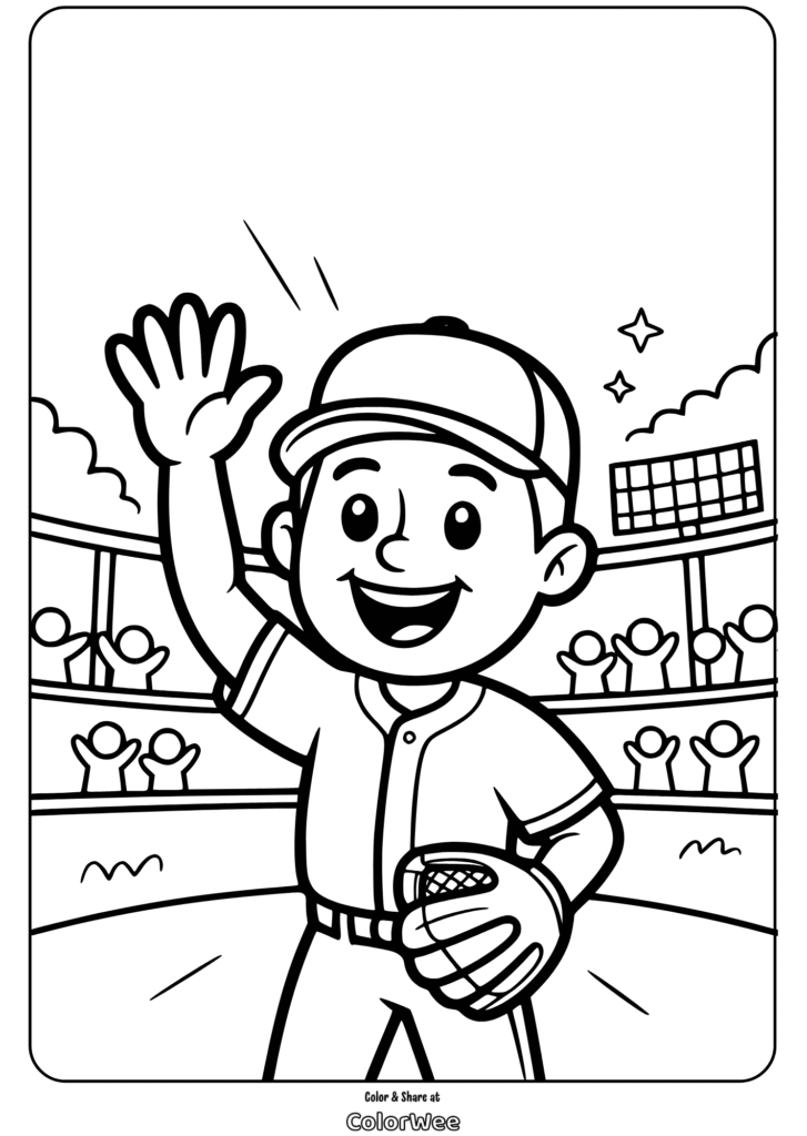 Baseball player waving on field coloring page for kids