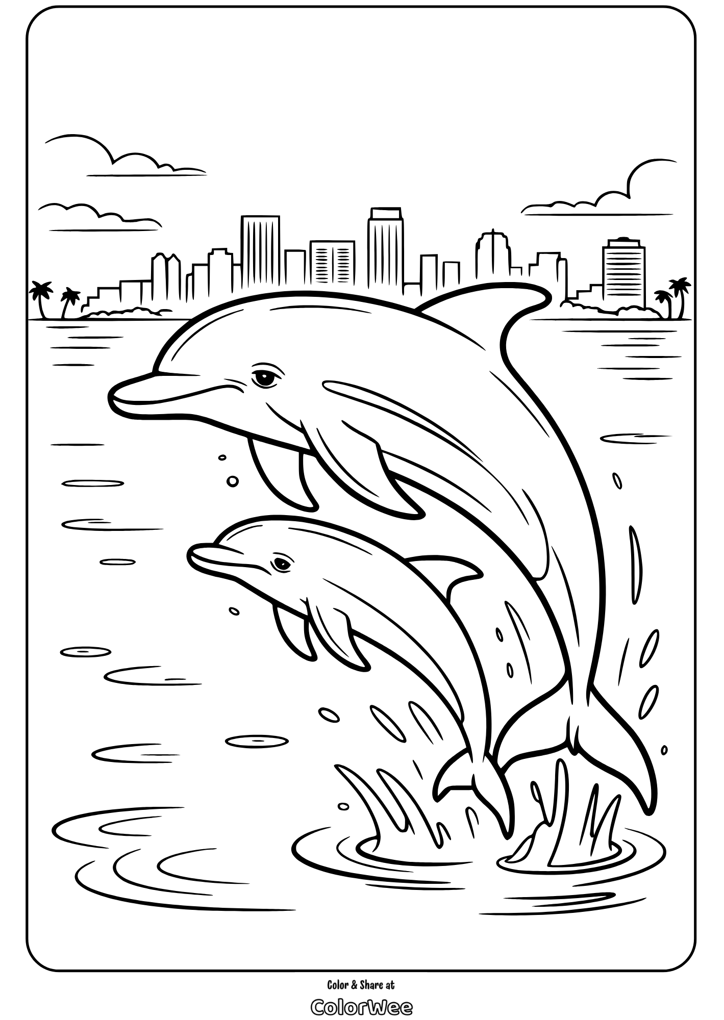 Miami dolphin jumping in city bay Dolphins jumping in the sea with a city skyline in the background.