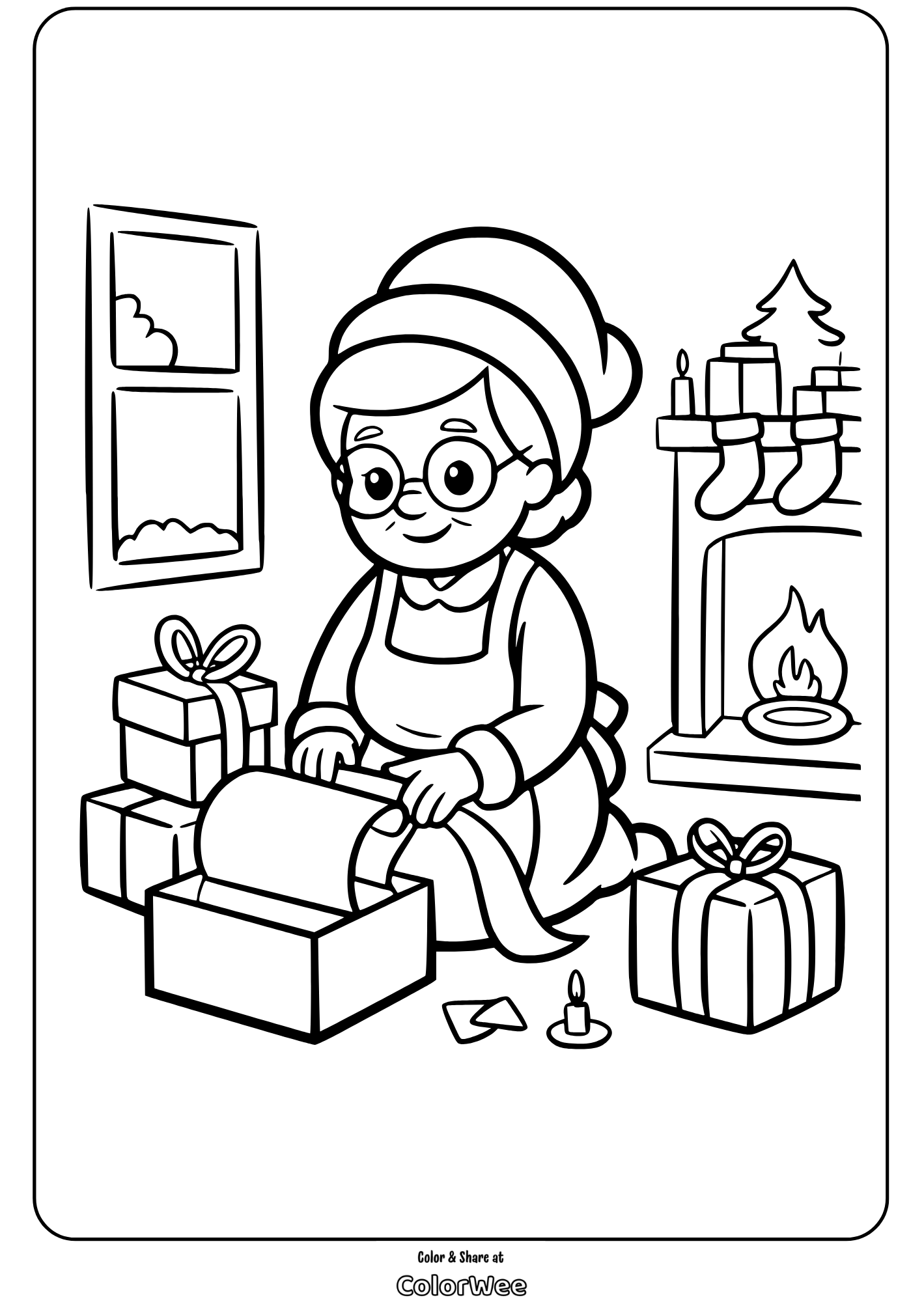 Mrs. Santa Claus 2 Grandmother wrapping Christmas presents by the fireplace in winter scene.