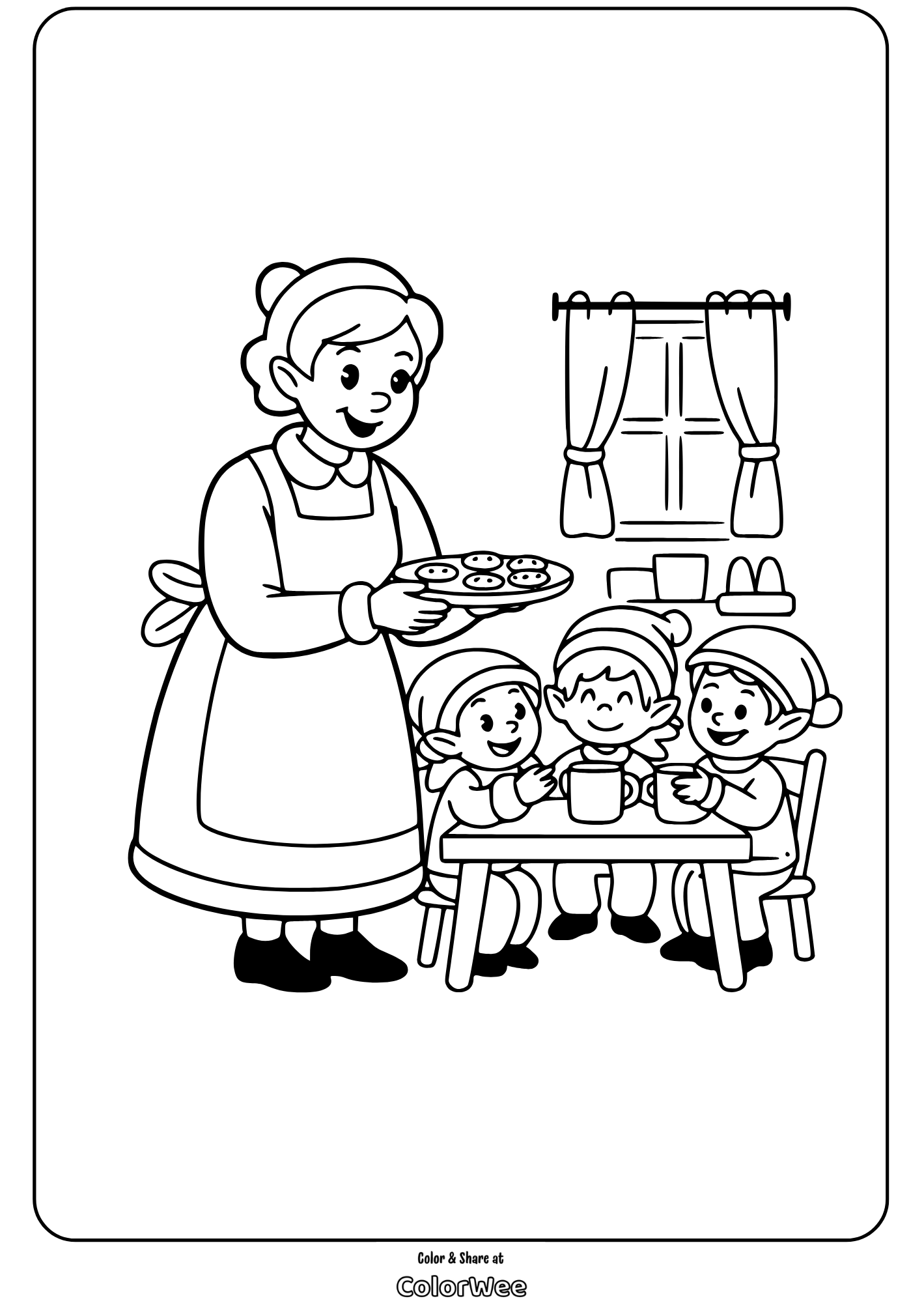 Mrs. Santa Claus 3 Grandma serving cookies to children coloring page