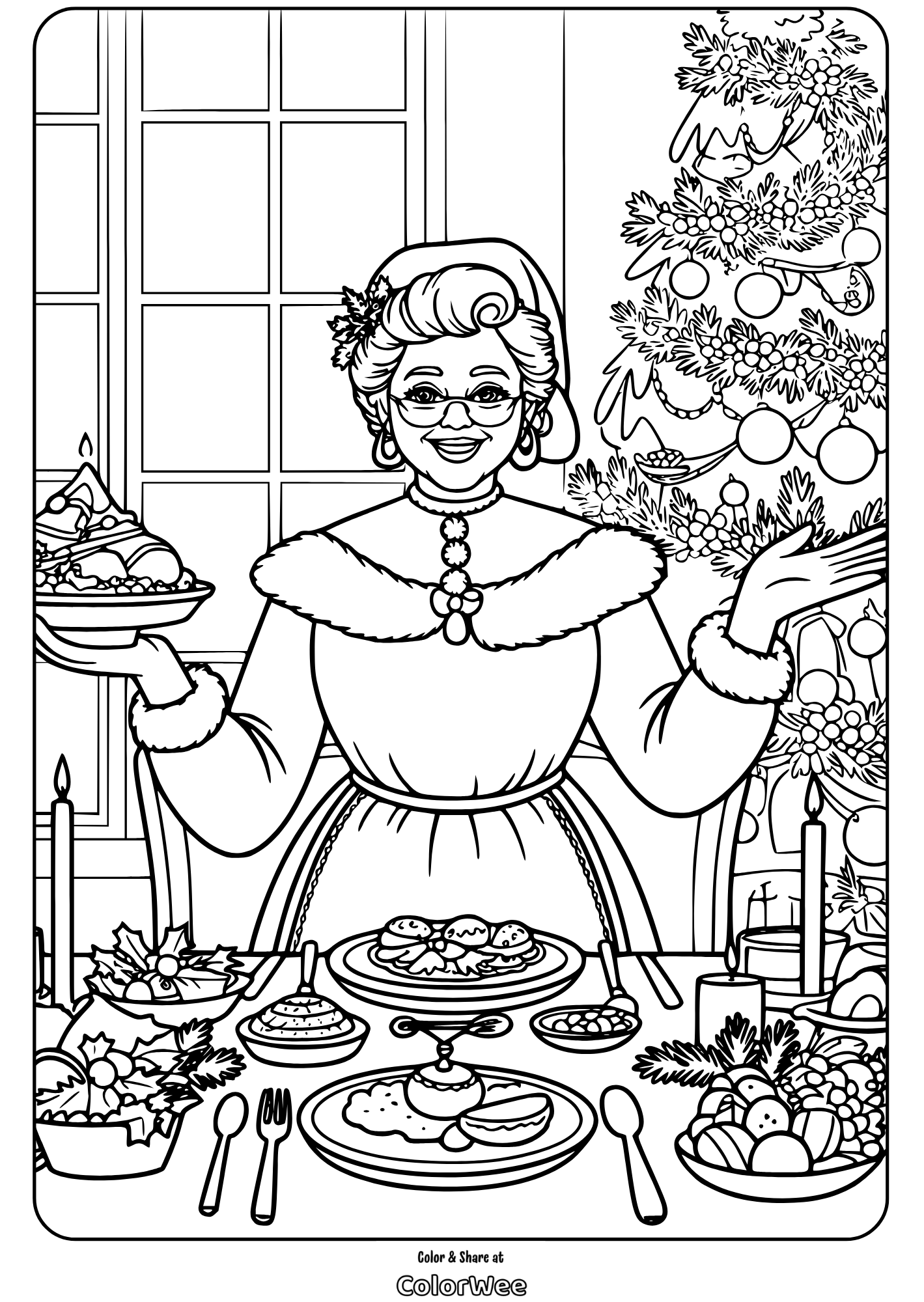 Mrs. Santa Claus 5 Christmas feast coloring page with festive table setting.