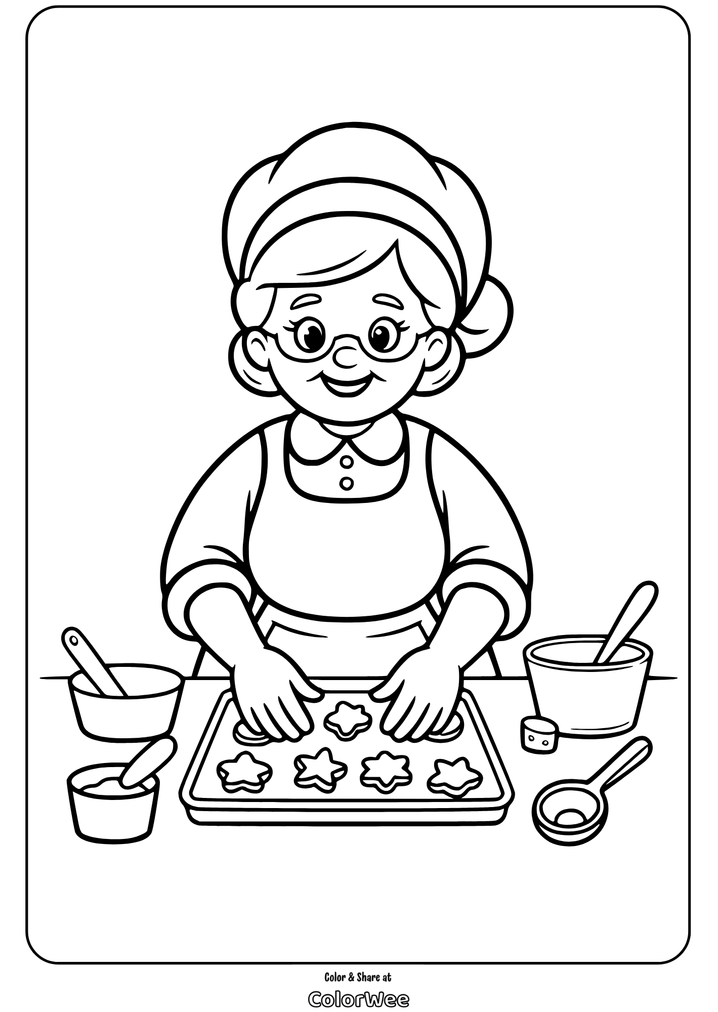 Mrs. Santa Claus Grandma baking cookies coloring page for kids' activity fun.