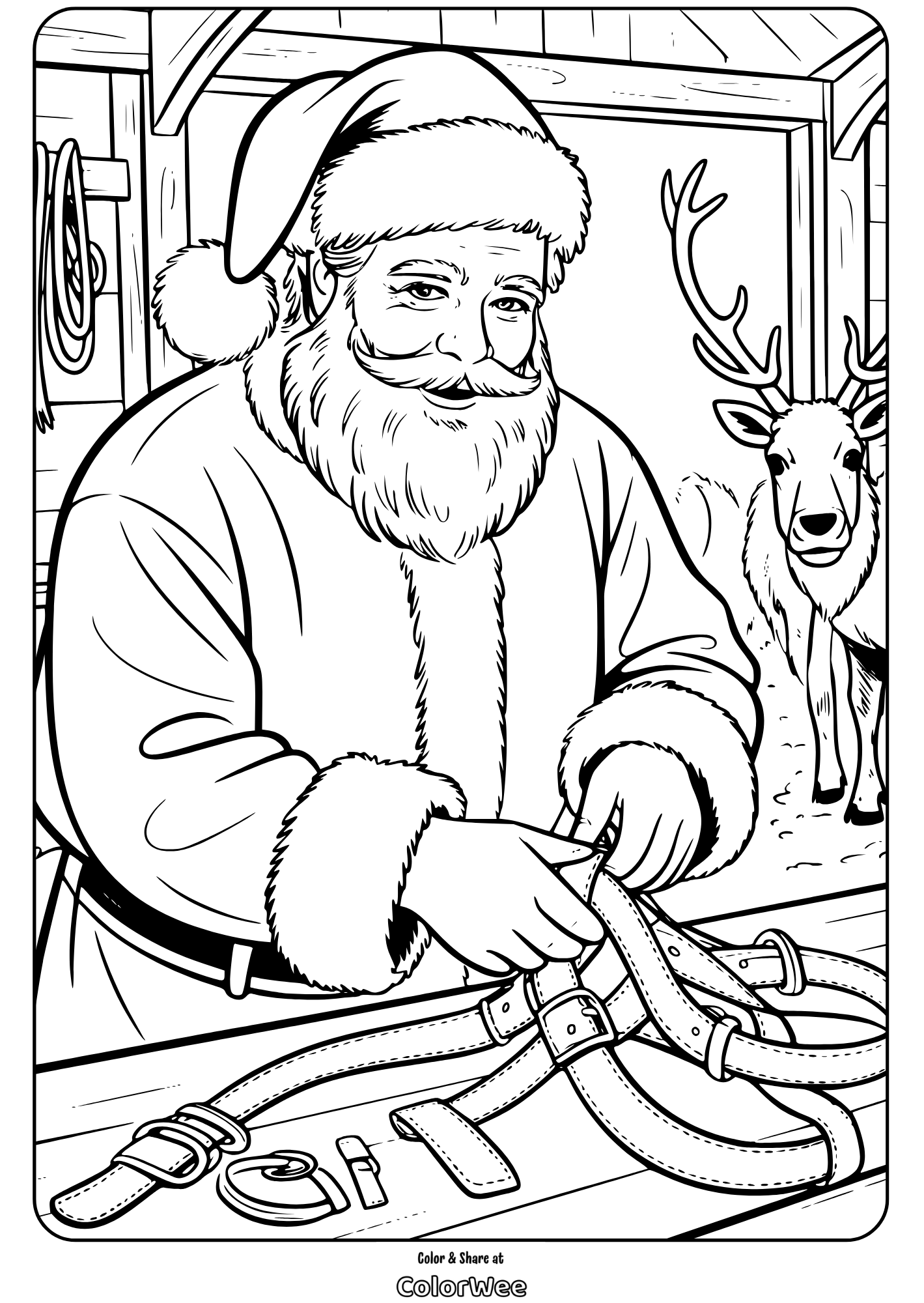 Realistic Santa Claus 5 Santa preparing reindeer harness in workshop coloring page.