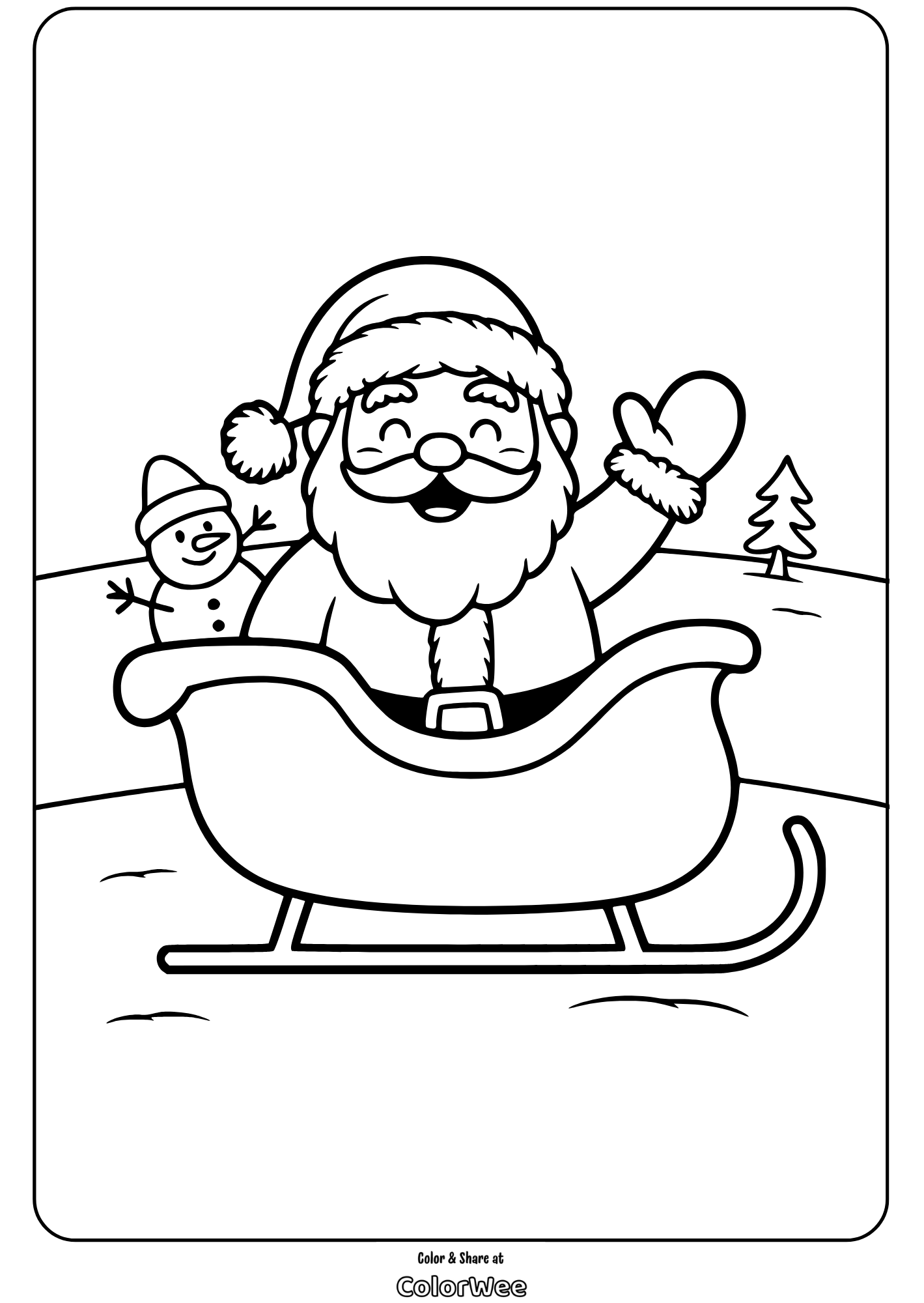 Santa Claus Sleigh 2 Santa waving from sleigh with snowman in snow. Coloring page.