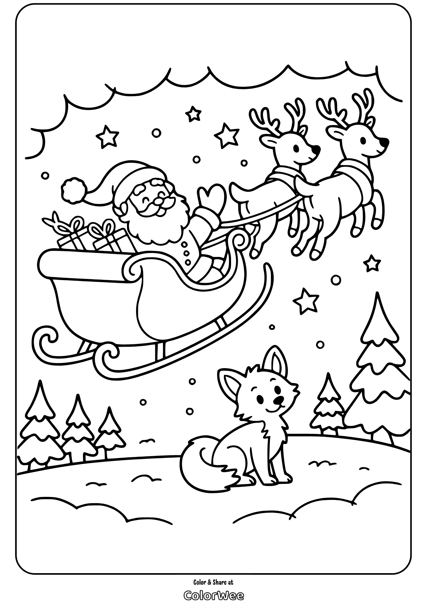 Santa Claus Sleigh 4 Santa flying with reindeer over a snowy forest coloring page.