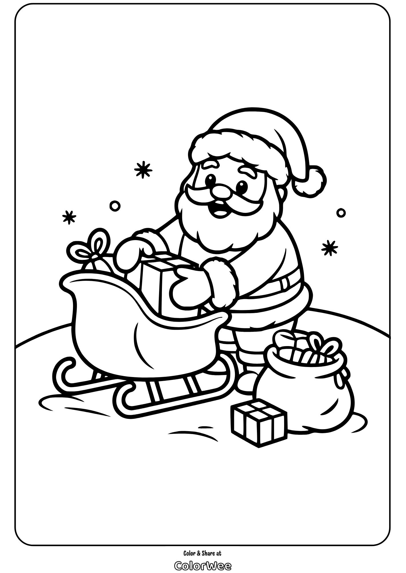 Santa Claus Sleigh Santa with gifts and sleigh coloring page for kids.