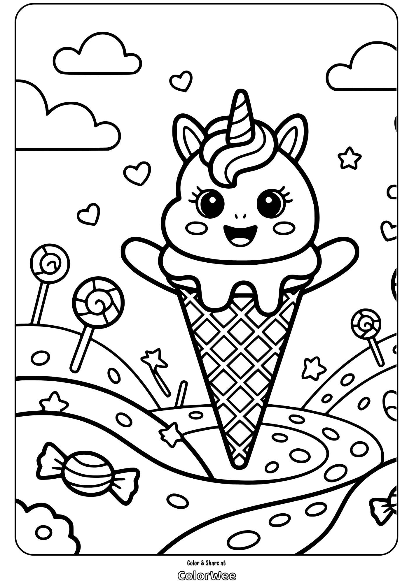 Unicorn Ice Cream 3 Unicorn ice cream cone coloring page with candy and stars.