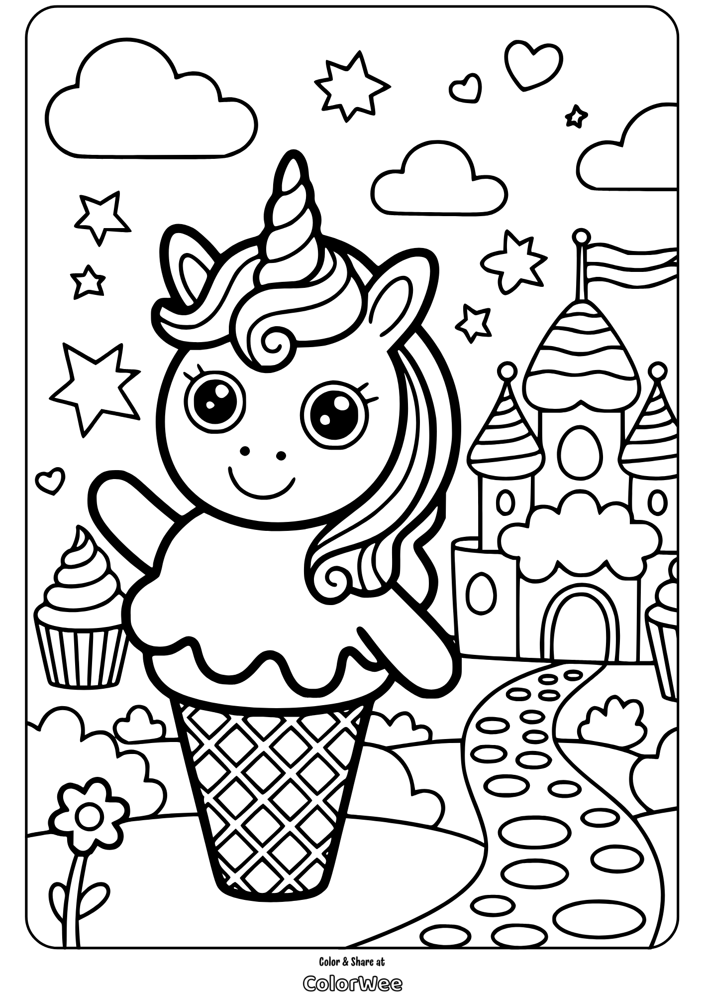 Unicorn Ice Cream Unicorn ice cream cone with castle, stars, and cupcakes coloring page.