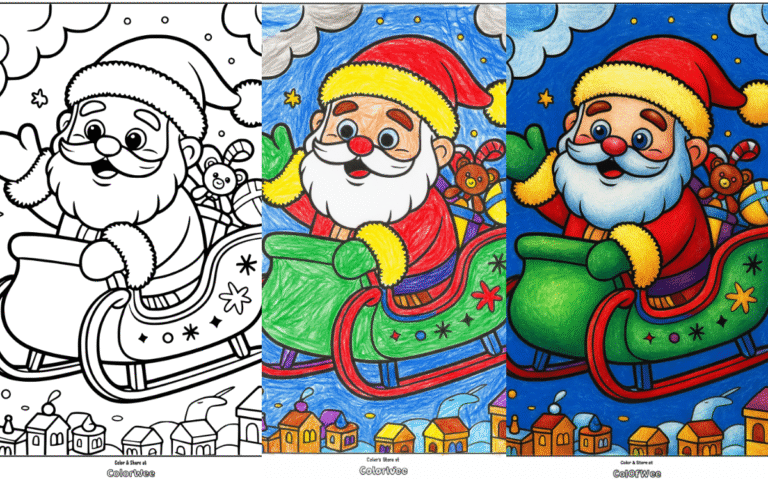 Santa coloring page with sleigh, gifts, and colorful sky.