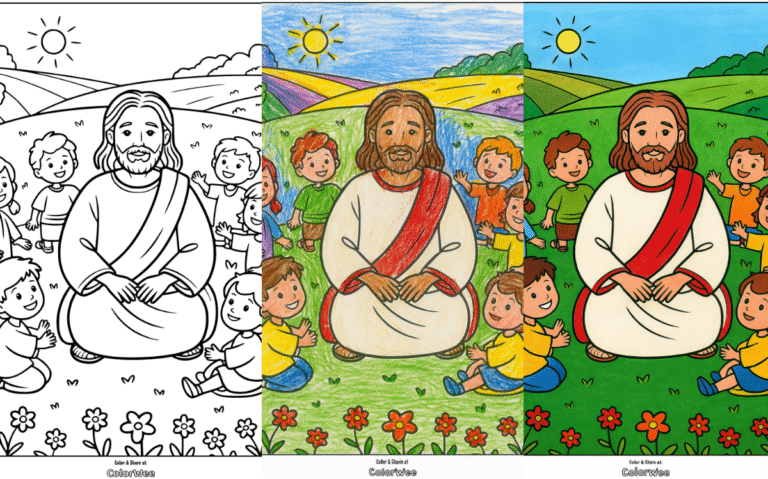 Untitled design 1 Coloring page of a joyful scene with teacher and children in a field.